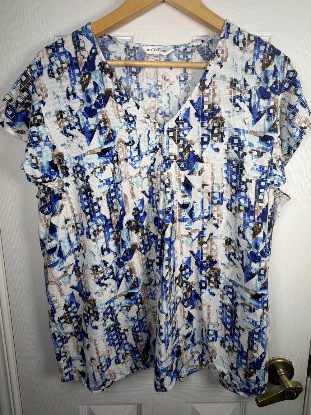 Northern Reflections Blue White Abstract V-Neck Top Women's XXL Rayon Boho
